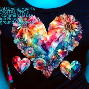 Cristal enchanté souhaitant des coeurs ornés de bijoux Images PNG Art numérique magique coloré Conception de chemise romantique Carte d'anniversaire de la Saint-Valentin imprimable