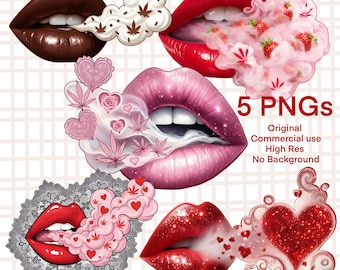 Stoner Girl Glossy Lips and Hearts Bundle/ 5 Smoking Hot PNGs 420 Clipart/ Digital Download for Sublimation & Crafts