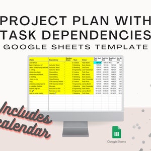 Puede incluir: Una plantilla de hoja de cálculo de Google Sheets para la planificación de proyectos con dependencias de tareas. La hoja de cálculo incluye columnas para el nombre de la tarea, la dependencia, la duración, el equipo, el propietario, la fecha de inicio de la tarea, la fecha de finalización de la tarea, la fecha de inicio y la fecha de finalización. La hoja de cálculo está resaltada en amarillo e incluye el texto "PROJECT PLAN WITH TASK DEPENDENCIES GOOGLE SHEETS TEMPLATE".