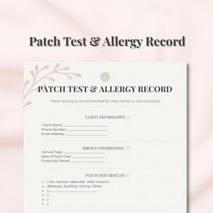 Patch Test and Allergy Record - Lash Allergy Form & Client Safety Sheet | Printable PDF