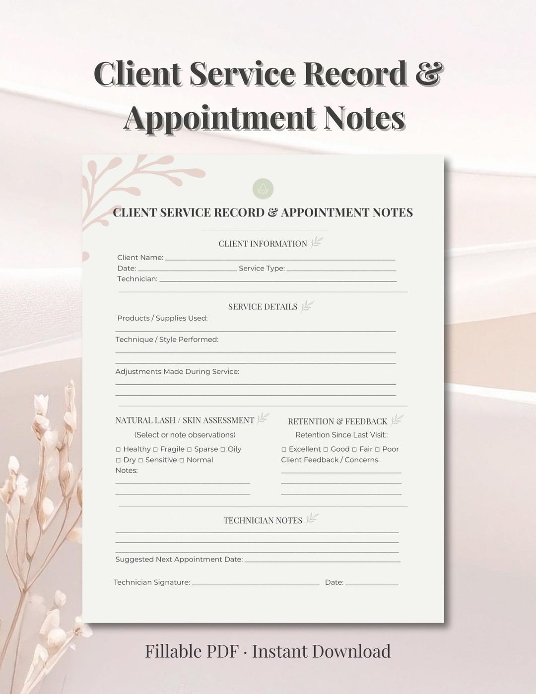 Client Service Record & Appointment Notes Sheet | Fillable Beauty ...