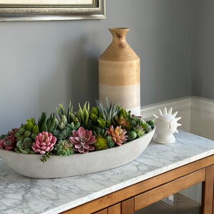 Long Oval Concrete Faux Succulent Arrangment - 18"L x 7.5"W