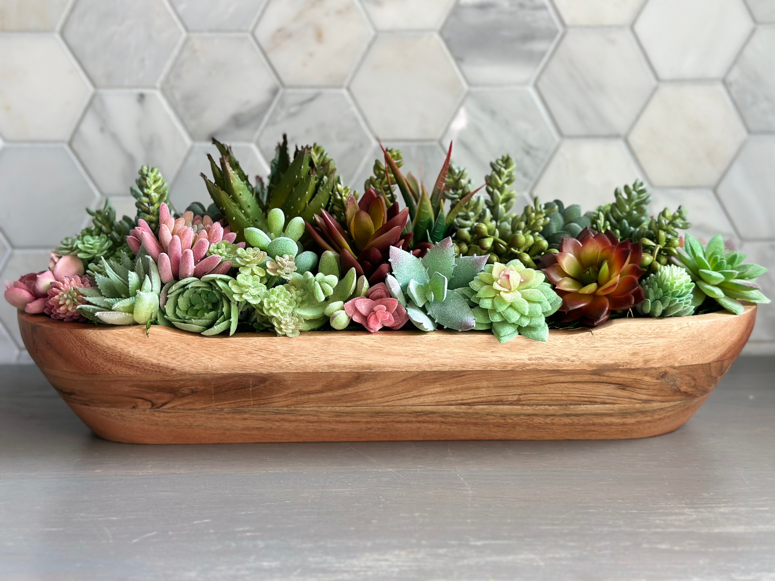 Faux Succulent Arrangement Live Edged Wooden Dough Bowl Planter 17 1/2