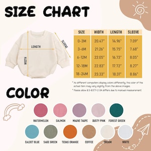 Pu&ograve; includere: Tabella delle taglie per un body per bambini, con misure in pollici per larghezza, lunghezza e manica. Le opzioni di colore includono Watermelon, Salmon, Mauve Taupe, Dusty Pink, Forest Green, Caldet Blue, Sage Green, Texas Orange, Coffee, Cream e White.