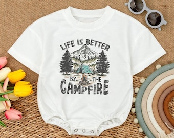 Live is better by the campfire Bubble Romper, Summer Baby Bodysuit, One Happy camper Baby Gift, Camping buddy, Adventure, Baby Shower Gift
