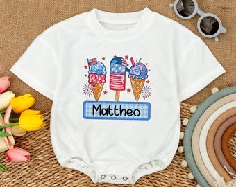 Personalized Name Boy Ice Cream Baby Romper, Patriotic 4th of July American Baby Outfits, Independence Day, Red White Blue, baby shower gift