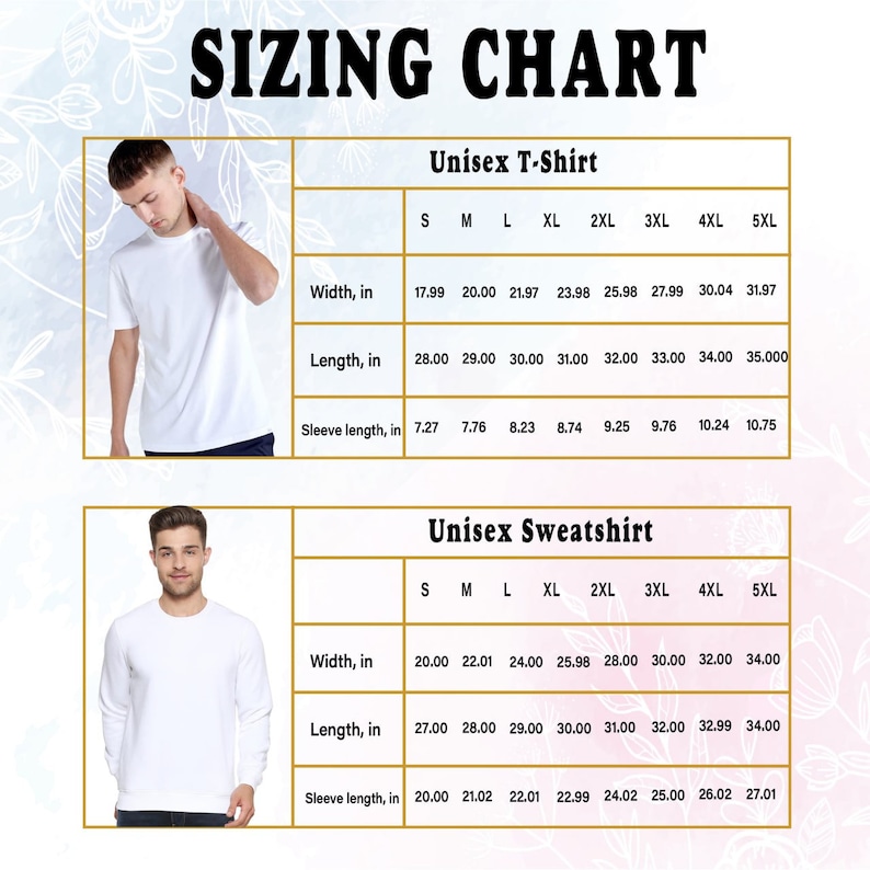 Może przedstawiać: Tabela rozmiar&oacute;w unisex dla t-shirt&oacute;w i bluz. Tabela pokazuje wymiary w calach dla szerokości, długości i długości rękawa dla rozmiar&oacute;w od S do 5XL.