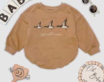 Custom Mallard Duck Baby Romper, Vintage Hunting Bodysuit, Personalized Nature Boy Outfit