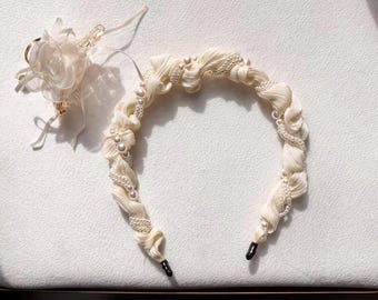Ivory Pearl Headband Set, Elegant Bridal Hairband, Soft Fabric Braided Headband with Organza Flower Clip, Romantic Hair Accessories