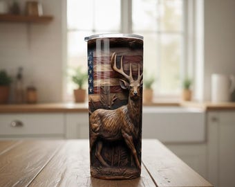 Envoltura para vaso con bandera estadounidense de ciervo rústico / Diseño delgado de sublimación de 20 oz (descarga digital)