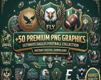 Paquete de más de 50 imágenes PNG de los Eagles de fútbol americano, imágenes prediseñadas de la mascota de Filadelfia, gráficos para el día del partido.