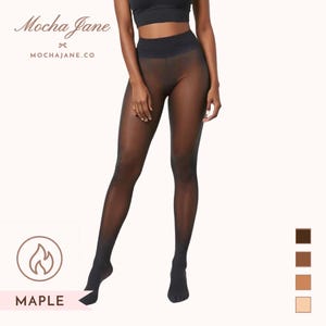 May include: Sheer black tights in the color "Maple" are displayed. The tights are shown on a person, with the Mocha Jane logo in the upper left corner. The image also includes a color palette of brown tones.