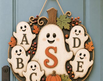 Personalized Halloween Ghost Family Wooden Sign, Custom Family Name Sign, Pumpkin Door Hanger