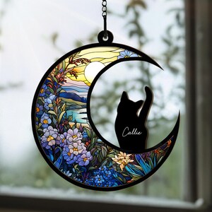 Custom Cat Memorial Suncatcher, Engraved Cat Lovers, Couple Cat On Moon Loss of Pet Sympathy Gift, Gift for Cat Lovers, Cat Memorial Gift