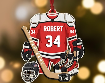 Personalized Hockey Ornament, Ice Hockey Christmas Ornament, Custom Name & Team Name and Number, Hockey Player Team Gift