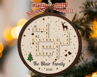 Personalized Family Crossword Puzzle Art Ornament, Family Scrabble Christmas Ornament, Family Keepsake Christmas  2025 Gifts