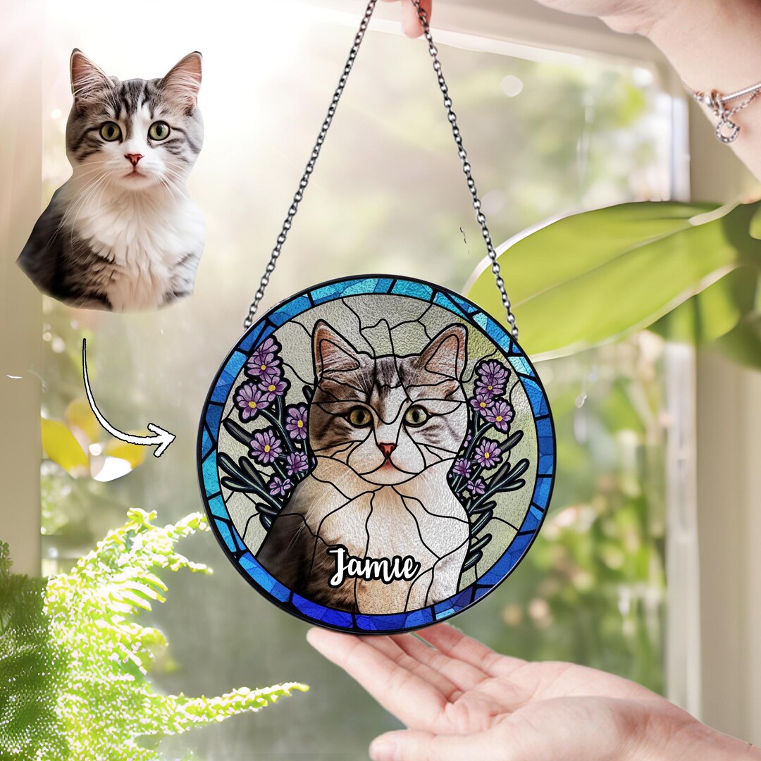Custom Cat Portrait Stained Glass Suncatcher, Pet Memorial Gift - Etsy