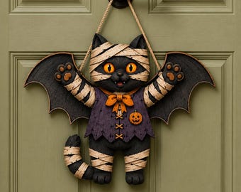 Cat Halloween Door Hanger, Cute Black Cat Wooden Sign, Spooky Trick or Treat Front Door Decor