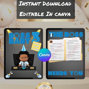 Modello di invito per il compleanno di Boss Baby / Modificabile con Canva Pro / Download digitale stampabile