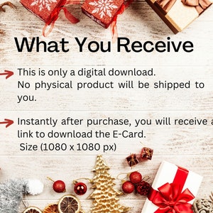 May include: Image with text "What You Receive" and details about a digital download. Festive decorations include wrapped gifts, ornaments, and a golden Christmas tree on a light wood background.