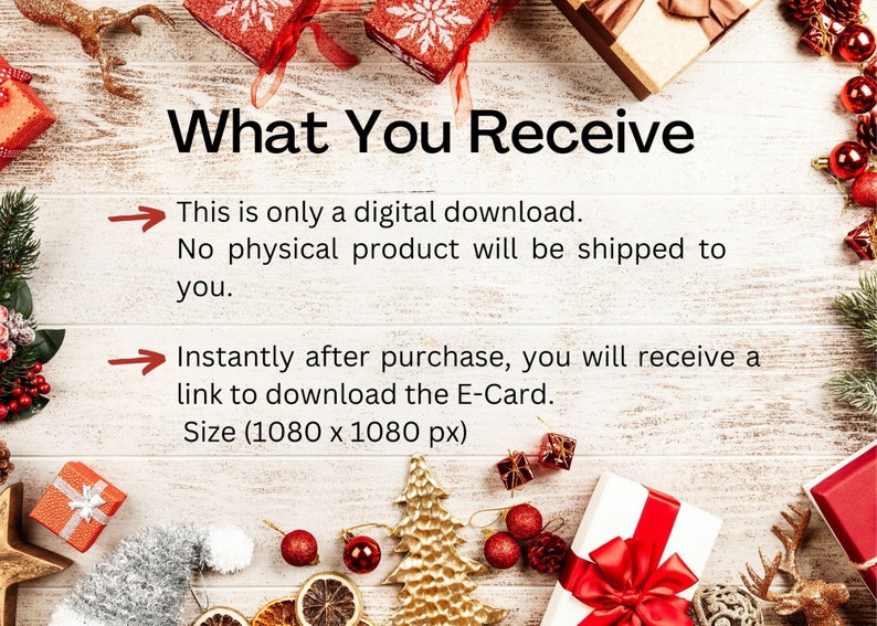 May include: Image with text "What You Receive" and details about a digital download. Festive decorations include wrapped gifts, ornaments, and a golden Christmas tree on a light wood background.