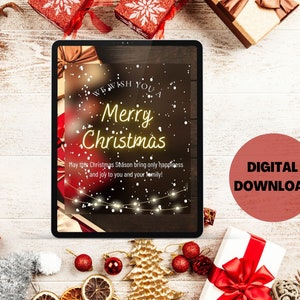 May include: A digital download graphic with a festive Christmas theme. The image features a tablet displaying "Merry Christmas" with decorative lights and falling snow. The background includes wrapped gifts, ornaments, and a "DIGITAL DOWNLOAD" label.
