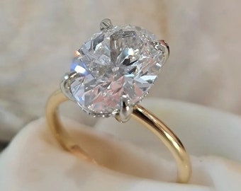 Oval Cut 2 Tone Hidden Halo Colorless Moissanite Engagement Ring, Oval Hidden Halo Ring, Oval Cut Solitaire Wedding Ring, Oval Two Tone Ring