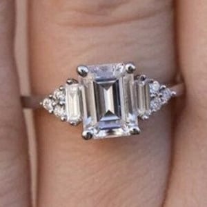 1.75Ct Colorless Moissanite Emerald Cut Engagement Ring, Baguette & Round Diamond Wedding Ring, Cluster Propose Ring, Multi Stone Ring