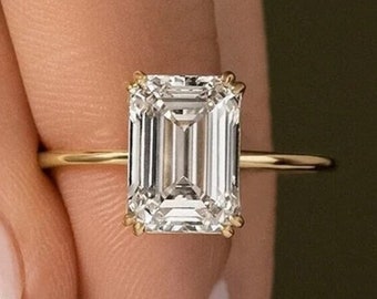 Emerald Cut Solitaire Moissanite Engagement Ring, Emerald Cut Double Claw Prong Wedding Ring, Solitaire Emerald Cut Ring, 925 Silver Rings
