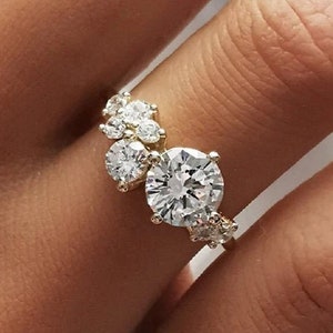 Round Moissanite Engagement Ring, Round Simulated Diamond Cluster Ring 925 Silver, Multi-Stone Ring,Unique Anniversary Cluster Ring For Gift