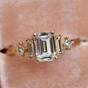 Emerald Cut Colorless Moissanite Engagement Ring, Five Stone Emerald Cut Ring, Emerald Cut Wedding Ring, Emerald Baguette and Princess Ring
