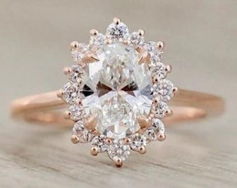 2 CT Oval Colorless Moissanite Engagement Ring, Starburst Cluster Halo Wedding Ring, Anniversary Ring Gift For Wife, Promise Ring For Her