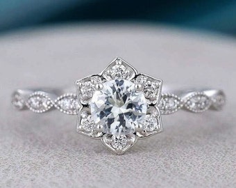 Round Cut Moissanite Flower Cluster Engagement Ring, Gorgeous Moissanite Wedding Ring, Unique Vintage Engagement Ring, Anniversary Gifts
