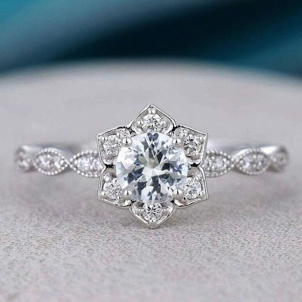 Round Cut Moissanite Flower Cluster Engagement Ring, Gorgeous Moissanite Wedding Ring, Unique Vintage Engagement Ring, Anniversary Gifts