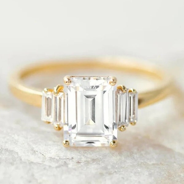 2.50 CT Brilliant Emerald Cut Colorless Moissanite Engagement Ring, Emerald Baguette Cut Ring, Five Stone Wedding Ring, Gift Ring For Women