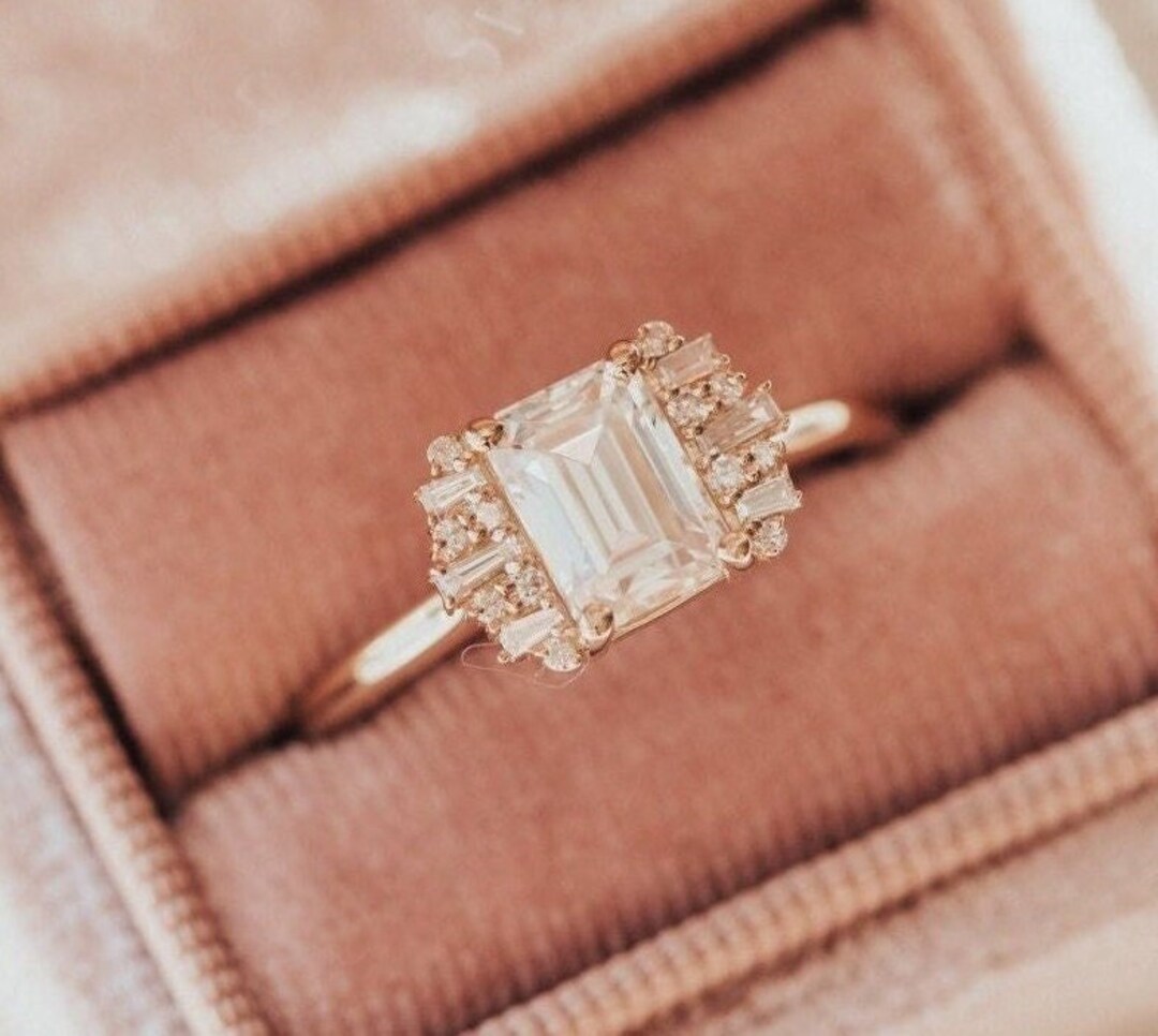 9x7 Mm Emerald Cut Colorless Moissanite Engagement Ring Unique Cluster Emerald Diamond Wedding Ring Emerald Baguette and Round Stone Ring Etsy