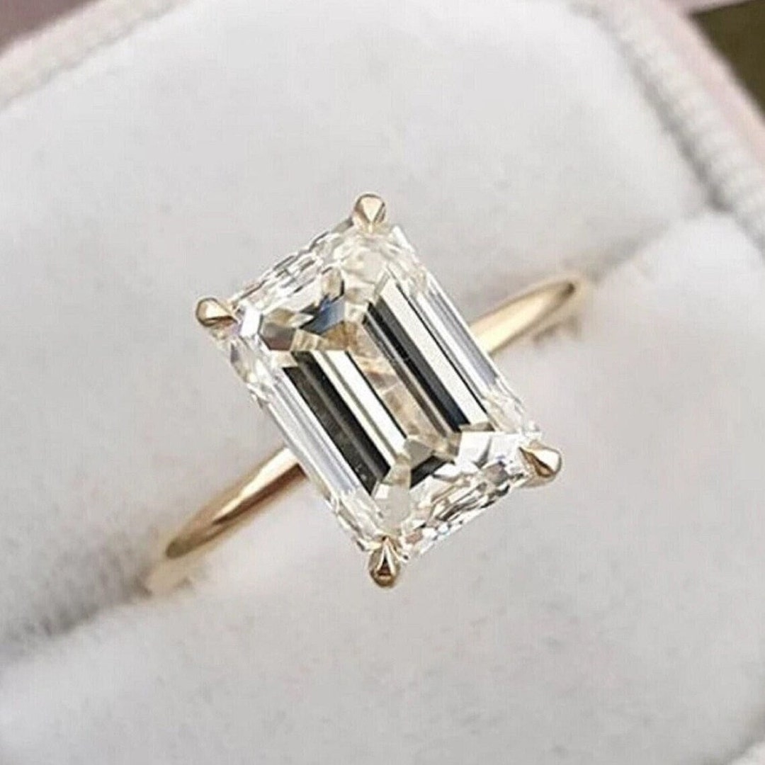 3.50 CT Emerald Cut Moissanite Solitaire Engagement Ring, Hidden Halo ...