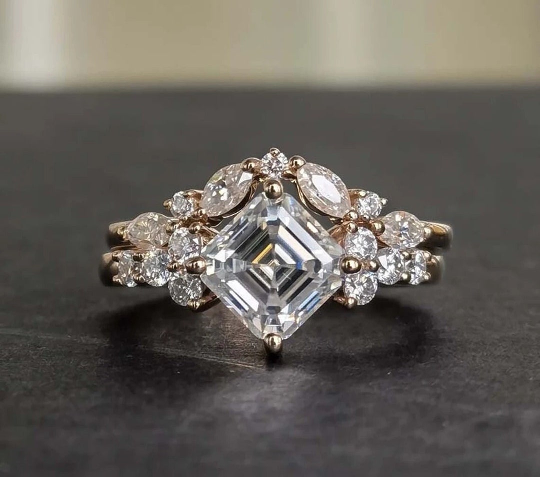 Asscher Cut Diamond Bridal Set, Gorgeous Asscher Cut Moissanite Band ...