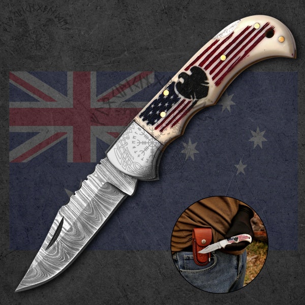 American Eagle Damascus Pocket Folding Knife With Bone, Damascus pocket knife, Folding knife, Everyday Carry Knife, Best gifts for Men USA