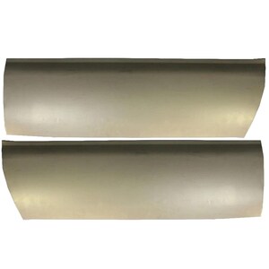 May include: Two metallic silver car body panels are displayed against a white background. The panels are curved and appear to be replacement parts. The panels are likely for the side of a vehicle.