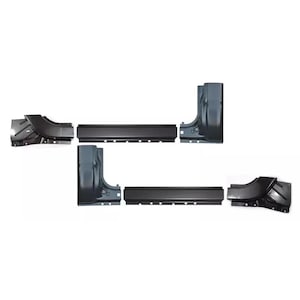 May include: A collection of black automotive body panels, including rocker panels and corner pieces, arranged against a white background. These metal components appear to be new and ready for installation, likely for vehicle repair or restoration.