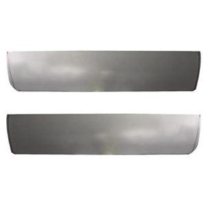 May include: Two rectangular, silver-colored metal panels with rounded corners. The panels are identical in shape and size, and appear to be new. The panels are likely automotive parts.