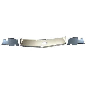 May include: A set of three metal car parts. The largest piece is a curved, silver-colored panel with a rectangular cutout and several small holes. Two smaller, gray-colored pieces are on either side.