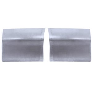 May include: Two silver-colored metal panels, each with a rectangular shape and a curved top edge. The panels are positioned side by side against a white background, suggesting they are components of a larger structure or product.