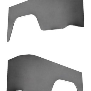 May include: Two gray metal panels, likely for automotive repair or customization. Each panel has a curved top edge, a rectangular body, and a curved cutout. The panels are against a white background.