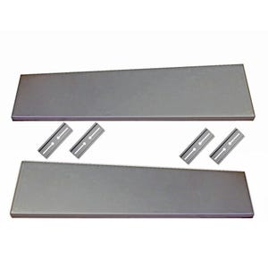 May include: Two gray rectangular metal shelves with mounting brackets. The shelves are long and narrow, with a smooth, matte finish. Four metal brackets are included for installation. The shelves are designed for wall mounting.