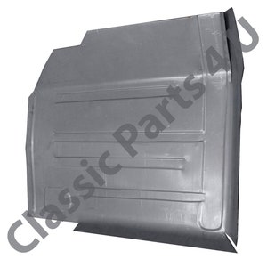 May include: A gray metal car floor pan replacement part. The pan has a series of raised ridges and a curved edge.