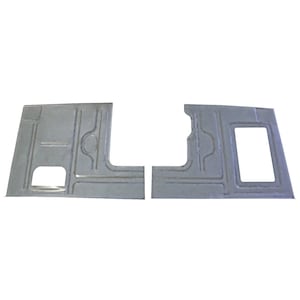 May include: Two silver-colored metal floor panels with stamped details. Each panel has a rectangular shape with cutouts and raised ridges. The panels are designed for automotive use and are likely replacement parts.