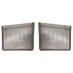 May include: Two silver-colored metal panels with a rectangular shape and angled top. Each panel has three vertical indentations and a horizontal indentation near the bottom. The panels are likely automotive parts.
