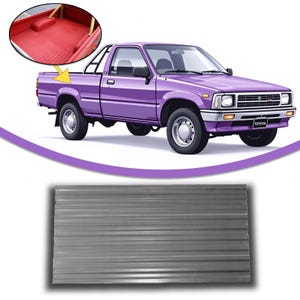 May include: A purple Toyota pickup truck with a gray corrugated metal bed liner. The truck has a white Toyota logo on the back.